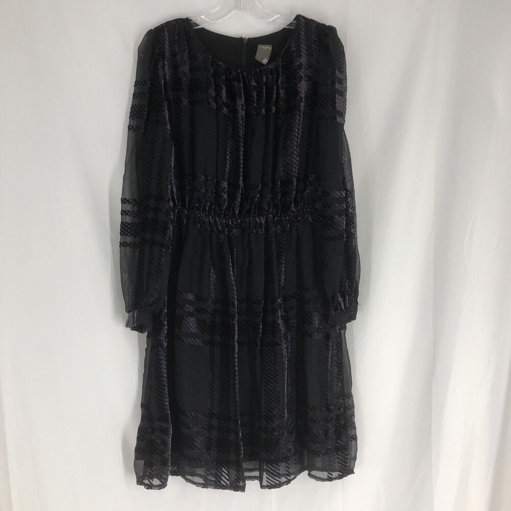 Taylor Black Plaid Pleated Dress Long Sleeve Sheer 12